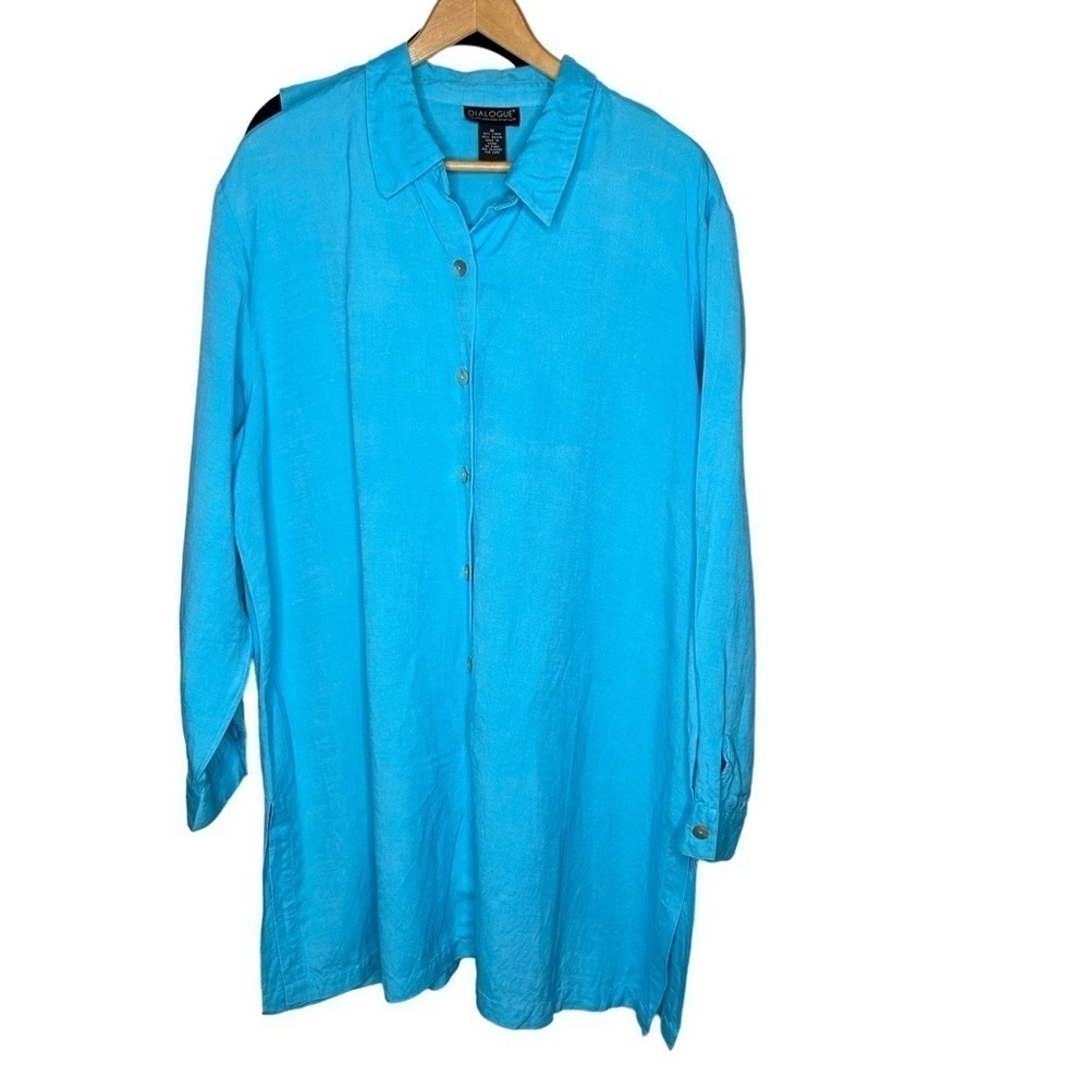Dialogue Women’s Linen Blend Button Front Blouse Size 1X Blue Long Sleeve